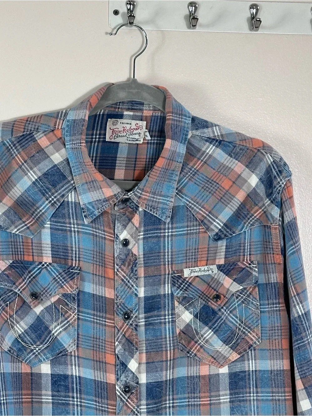 True Religion Blue and Peach Plaid Button-Down Shirt